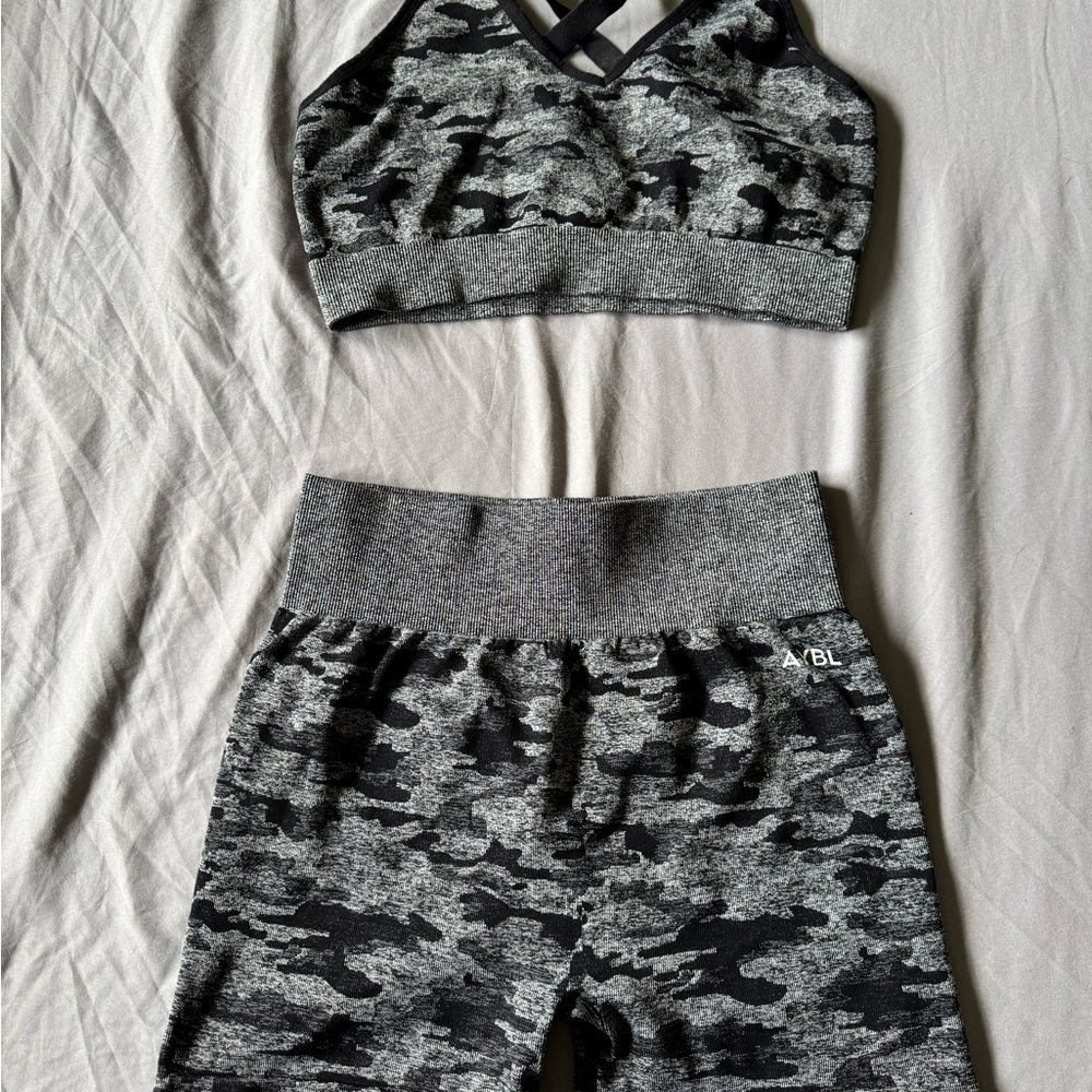 Gray Camouflage Sports Bra and Shorts Set